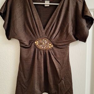 Trixxi Brown Blouse with Embellished Center